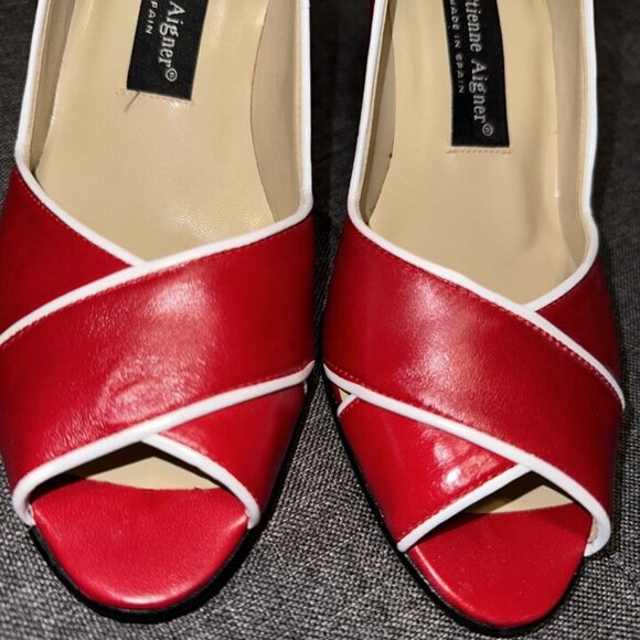 Etienne Aigner Red/White Peep Toe Slip On Thick Block Heel Leather Size 8.5 M - Picture 3 of 16